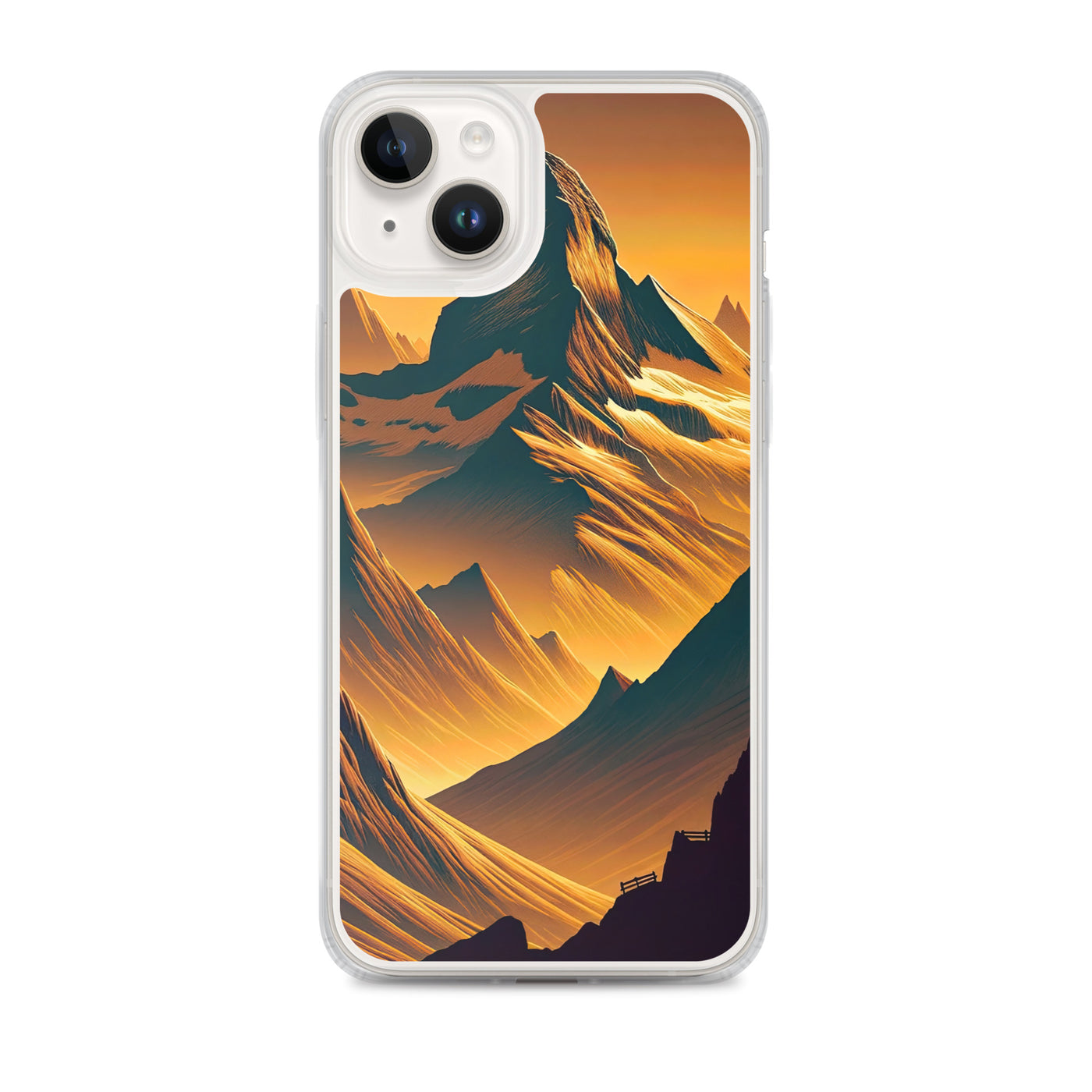 Fuchs in Alpen-Sonnenuntergang, goldene Berge und tiefe Täler - iPhone Schutzhülle (durchsichtig) camping xxx yyy zzz iPhone 14 Plus