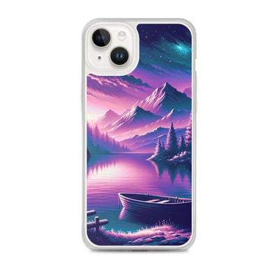 Magische Alpen-Dämmerung, rosa-lila Himmel und Bergsee mit Boot - iPhone Schutzhülle (durchsichtig) berge xxx yyy zzz iPhone 14 Plus