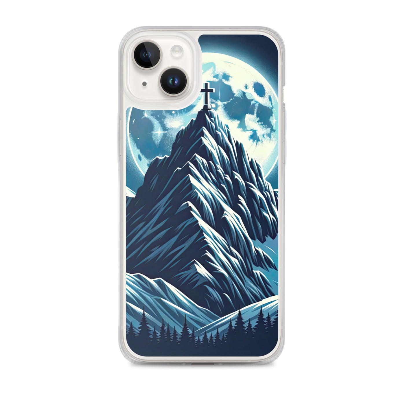 Mondnacht und Gipfelkreuz in den Alpen, glitzernde Schneegipfel - iPhone Schutzhülle (durchsichtig) berge xxx yyy zzz iPhone 14 Plus