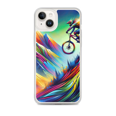 Mountainbiker in farbenfroher Alpenkulisse mit abstraktem Touch (M) - iPhone Schutzhülle (durchsichtig) xxx yyy zzz iPhone 14 Plus