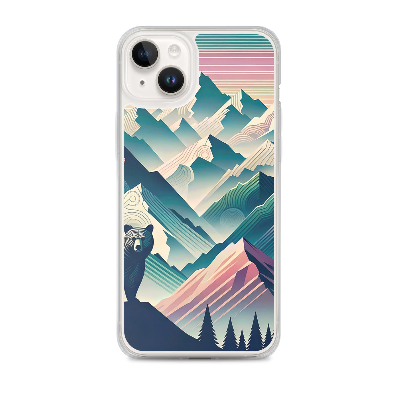 Bär im Panoramablick der Alpen, moderne Kunst-Gebirgsschichten - iPhone Schutzhülle (durchsichtig) camping xxx yyy zzz iPhone 14 Plus