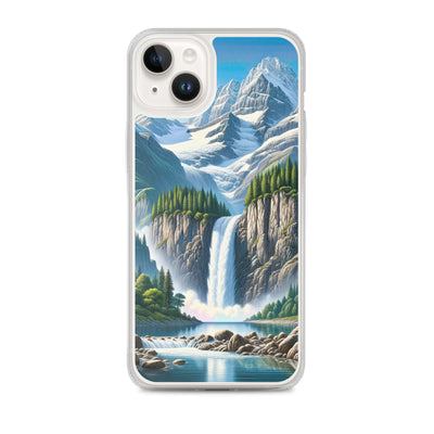 Illustration einer unberührten Alpenkulisse im Hochsommer. Wasserfall und See - iPhone Schutzhülle (durchsichtig) berge xxx yyy zzz iPhone 14 Plus