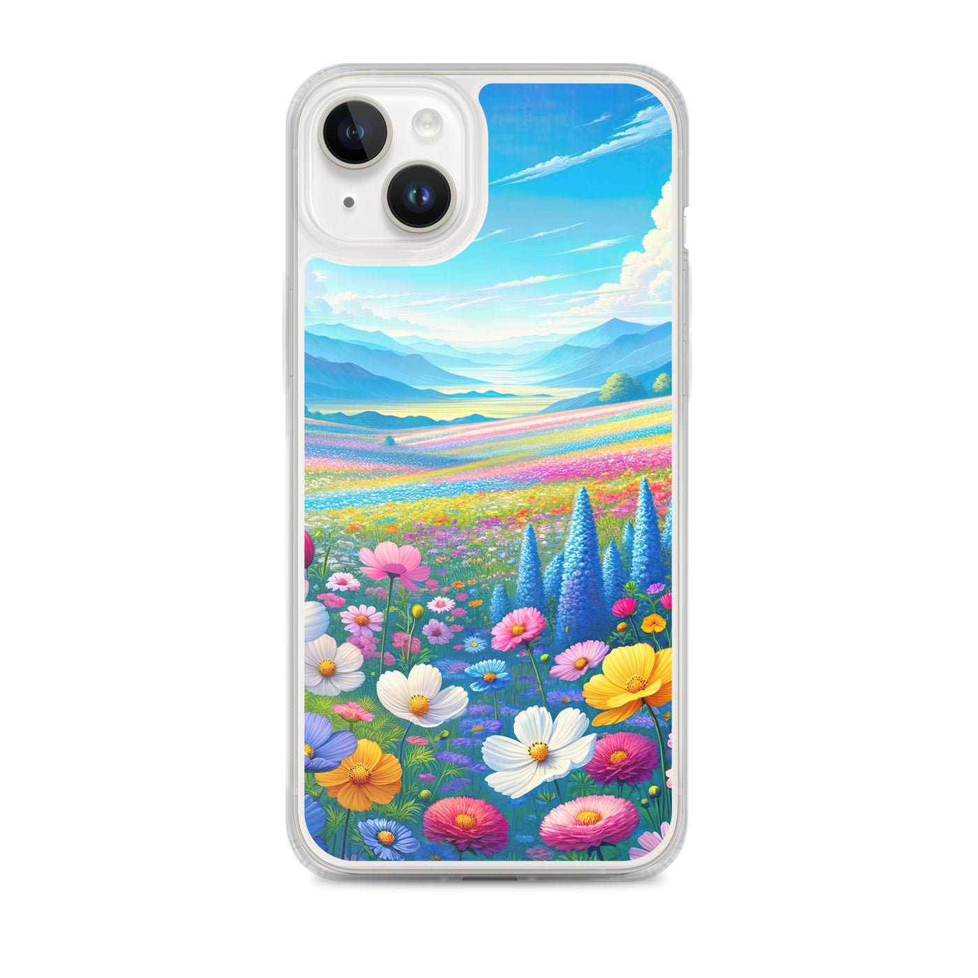 Weitläufiges Blumenfeld unter himmelblauem Himmel, leuchtende Flora - iPhone Schutzhülle (durchsichtig) camping xxx yyy zzz iPhone 14 Plus