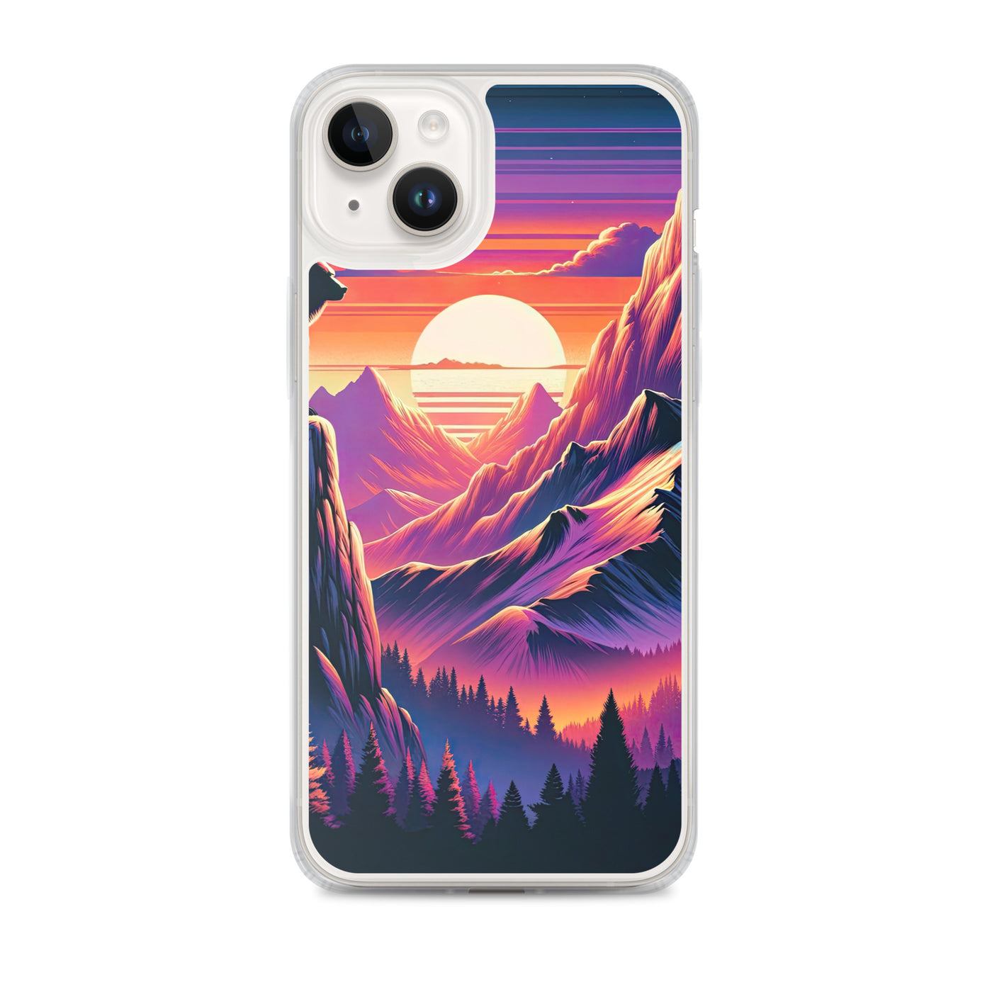 Alpen-Sonnenuntergang mit Bär auf Hügel, warmes Himmelsfarbenspiel - iPhone Schutzhülle (durchsichtig) camping xxx yyy zzz iPhone 14 Plus