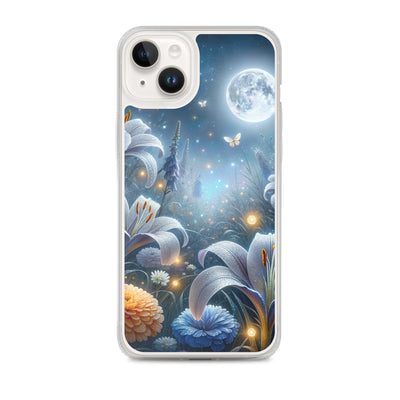 Ätherische Mondnacht auf blühender Wiese, silbriger Blumenglanz - iPhone Schutzhülle (durchsichtig) camping xxx yyy zzz iPhone 14 Plus