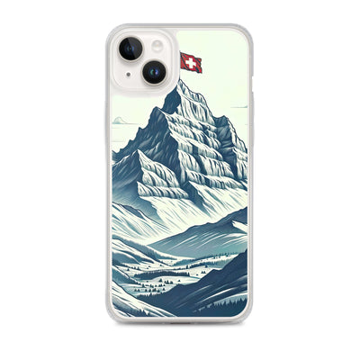Ausgedehnte Bergkette mit dominierendem Gipfel und wehender Schweizer Flagge - iPhone Schutzhülle (durchsichtig) berge xxx yyy zzz iPhone 14 Plus