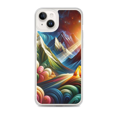 Abstrakte Bergwelt in lebendigen Farben mit Zelt - iPhone Schutzhülle (durchsichtig) camping xxx yyy zzz iPhone 14 Plus