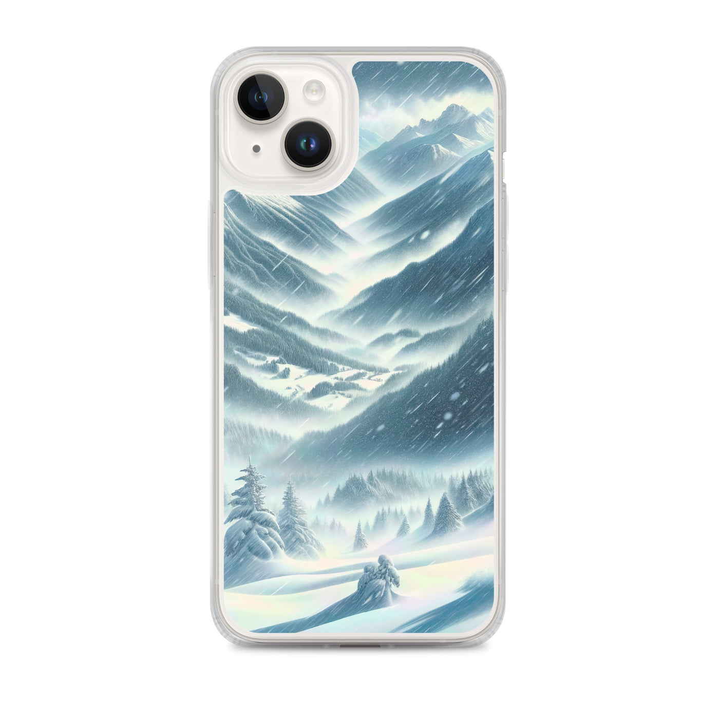 Alpine Wildnis im Wintersturm mit Skifahrer, verschneite Landschaft - iPhone Schutzhülle (durchsichtig) klettern ski xxx yyy zzz iPhone 14 Plus
