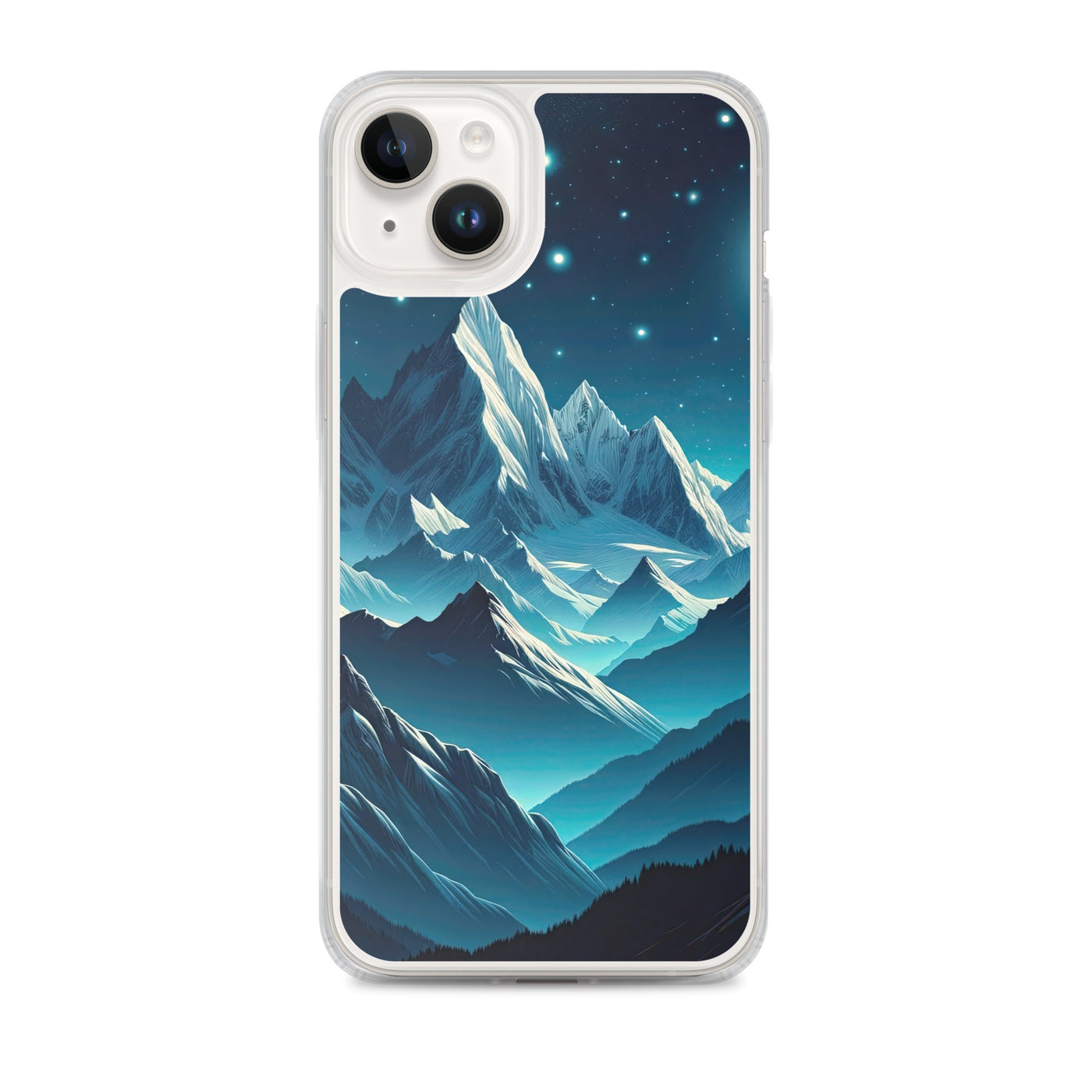 Sternenklare Nacht über den Alpen, Vollmondschein auf Schneegipfeln - iPhone Schutzhülle (durchsichtig) berge xxx yyy zzz iPhone 14 Plus