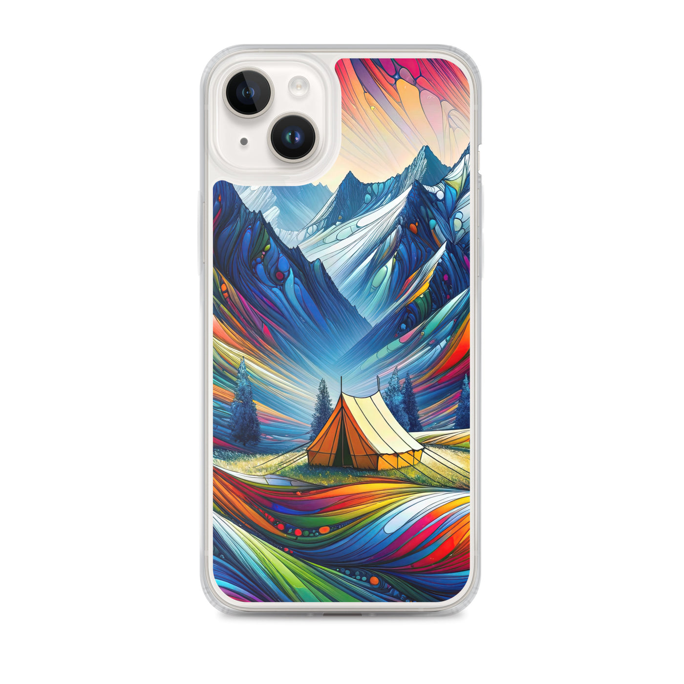 Surreale Alpen in abstrakten Farben, dynamische Formen der Landschaft - iPhone Schutzhülle (durchsichtig) camping xxx yyy zzz iPhone 14 Plus