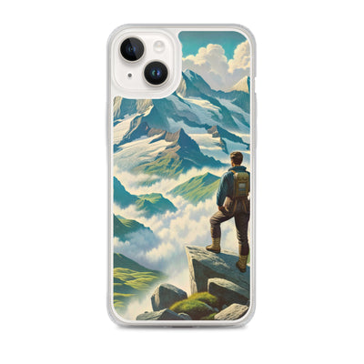 Panoramablick der Alpen mit Wanderer auf einem Hügel und schroffen Gipfeln - iPhone Schutzhülle (durchsichtig) wandern xxx yyy zzz iPhone 14 Plus