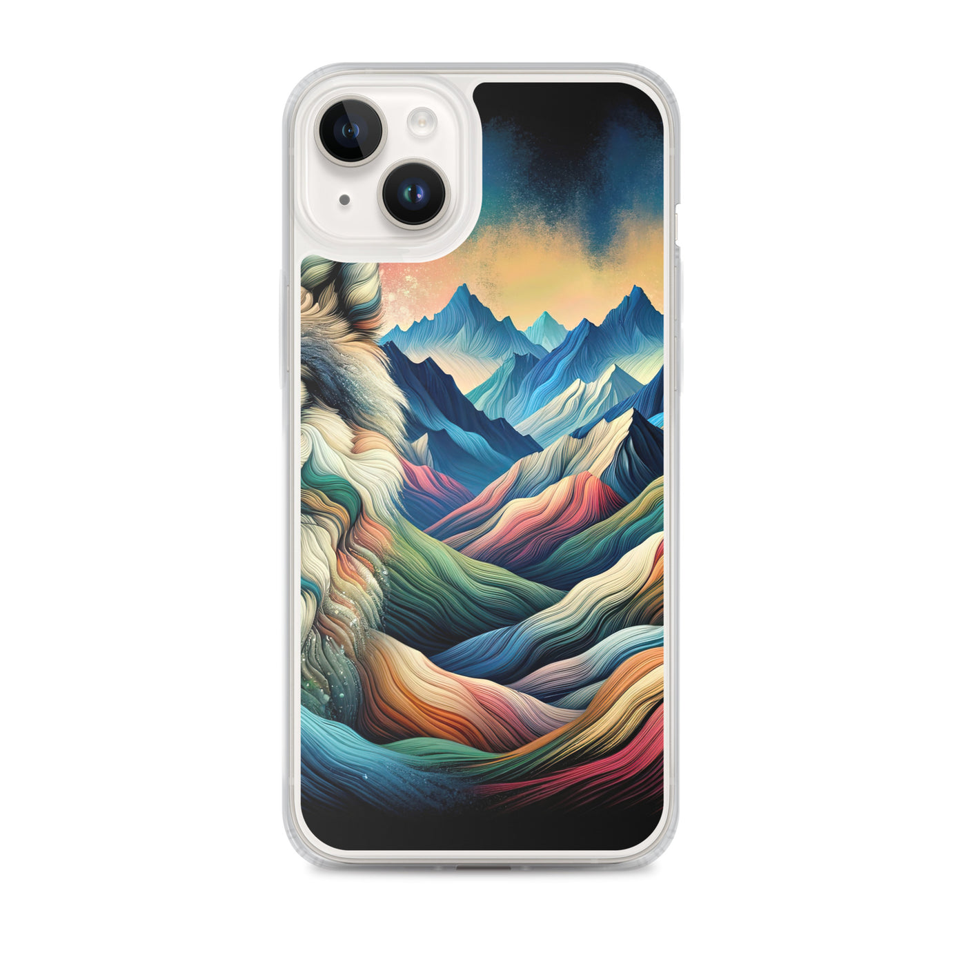 Traumhaftes Alpenpanorama mit Wolf in wechselnden Farben und Mustern (AN) - iPhone Schutzhülle (durchsichtig) xxx yyy zzz iPhone 14 Plus