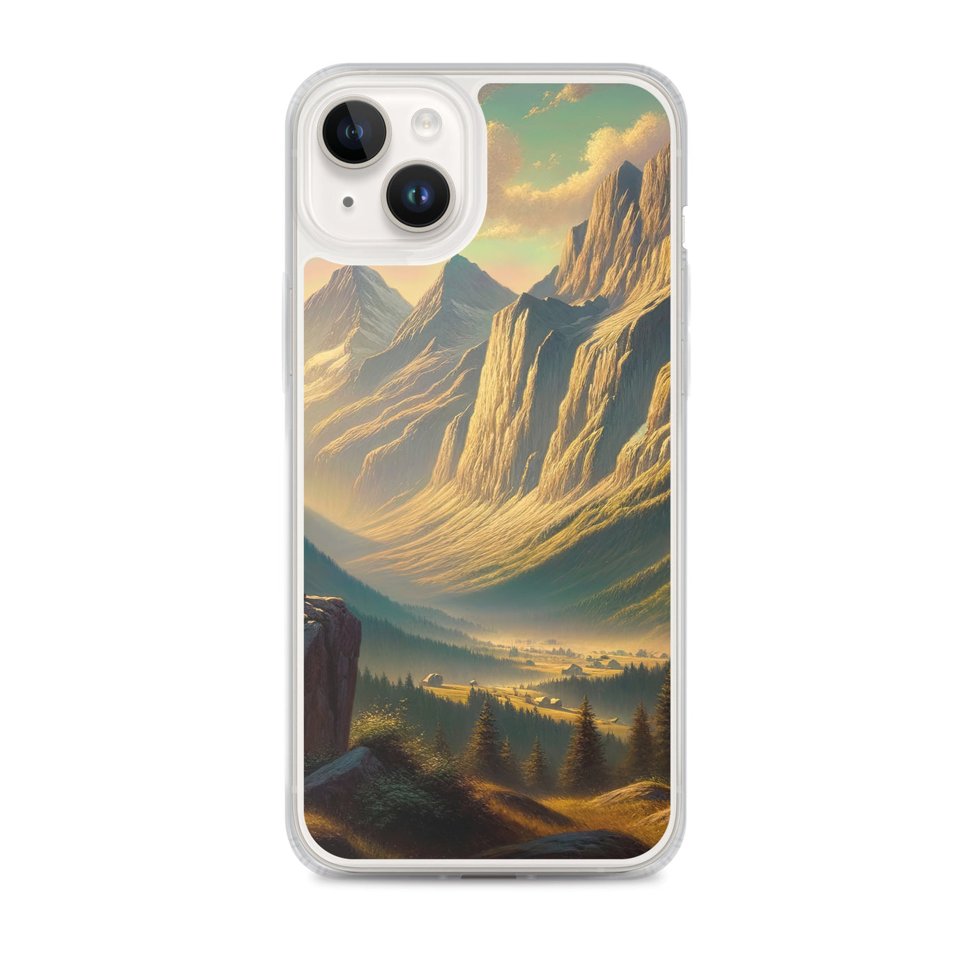 Ölgemälde eines Schweizer Wanderers in den Alpen bei goldenem Sonnenlicht - iPhone Schutzhülle (durchsichtig) wandern xxx yyy zzz iPhone 14 Plus