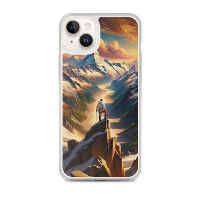 Ölgemälde eines Wanderers auf einem Hügel mit Panoramablick auf schneebedeckte Alpen und goldenen Himmel - iPhone Schutzhülle (durchsichtig) wandern xxx yyy zzz iPhone 14 Plus