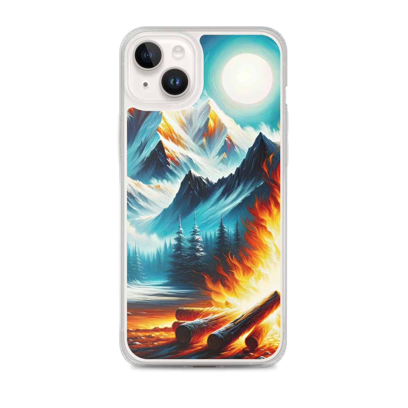 Ölgemälde von Feuer und Eis: Lagerfeuer und Alpen im Kontrast, warme Flammen - iPhone Schutzhülle (durchsichtig) camping xxx yyy zzz iPhone 14 Plus