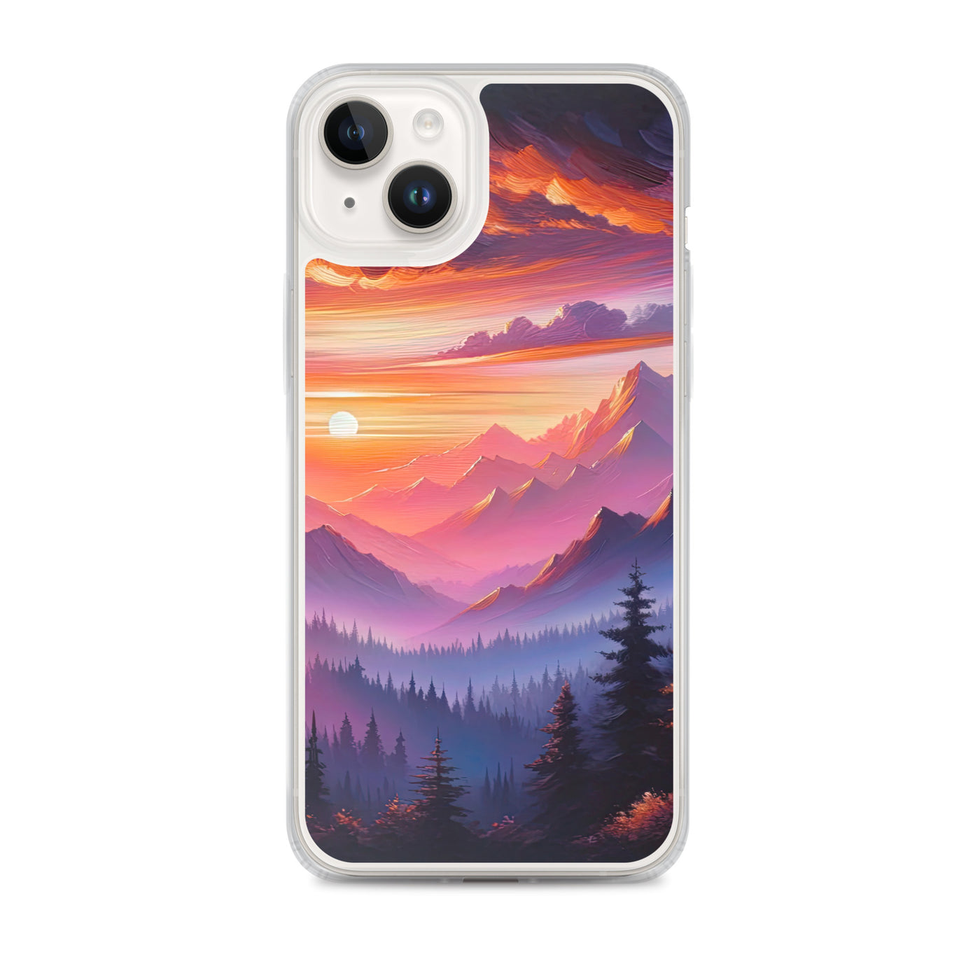 Ölgemälde der Alpenlandschaft im ätherischen Sonnenuntergang, himmlische Farbtöne - iPhone Schutzhülle (durchsichtig) berge xxx yyy zzz iPhone 14 Plus