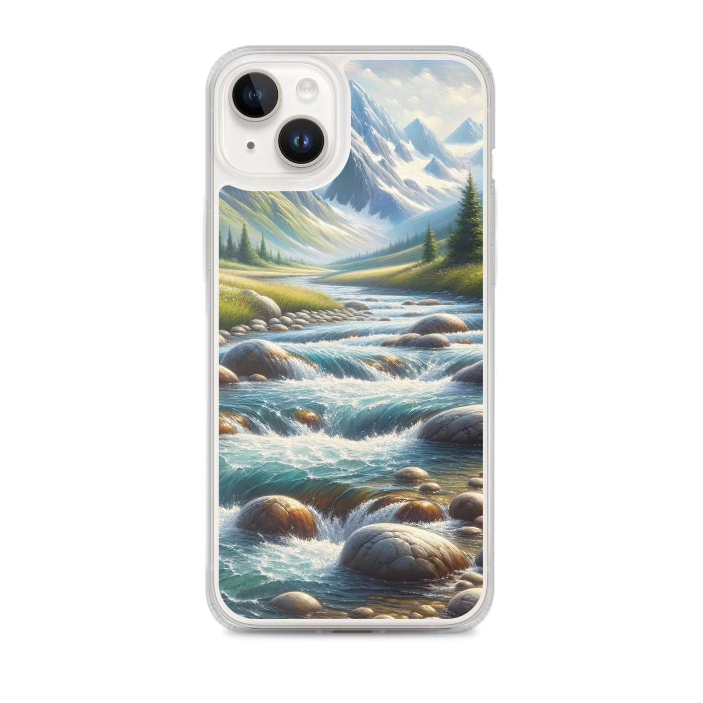 Ölgemälde eines Gebirgsbachs durch felsige Landschaft - iPhone Schutzhülle (durchsichtig) berge xxx yyy zzz iPhone 14 Plus