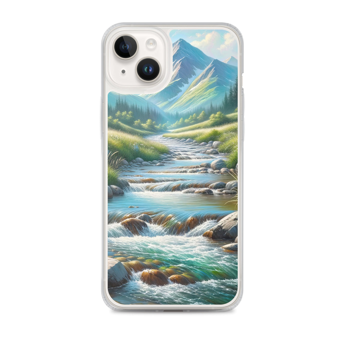 Sanfter Gebirgsbach in Ölgemälde, klares Wasser über glatten Felsen - iPhone Schutzhülle (durchsichtig) berge xxx yyy zzz iPhone 14 Plus