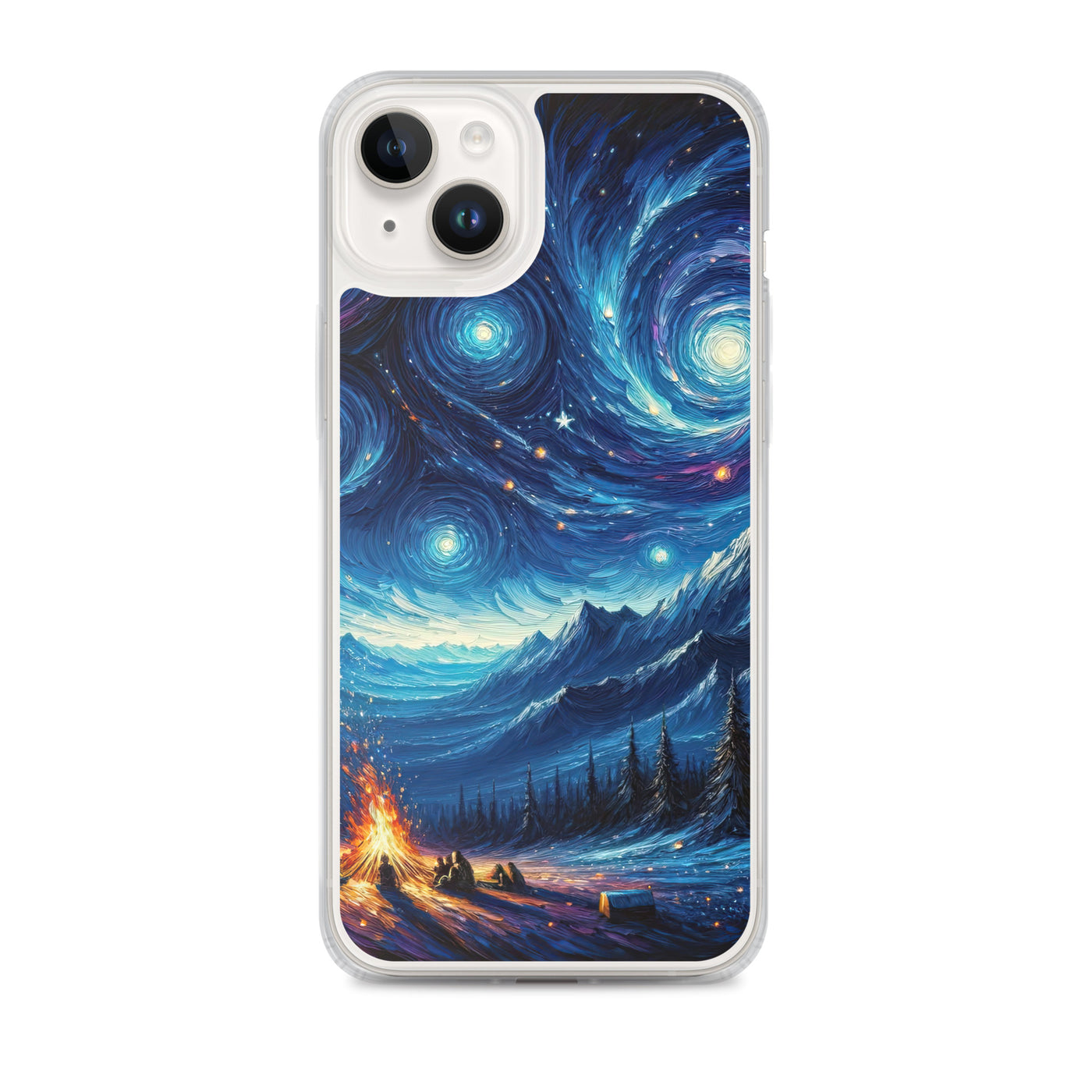 Sternennacht über den Alpen inspiriertes Ölgemälde, mystischer Nachthimmel in Blau - iPhone Schutzhülle (durchsichtig) camping xxx yyy zzz iPhone 14 Plus