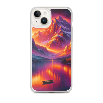 Ölgemälde eines Bootes auf einem Bergsee bei Sonnenuntergang, lebendige Orange-Lila Töne - iPhone Schutzhülle (durchsichtig) berge xxx yyy zzz iPhone 14 Plus