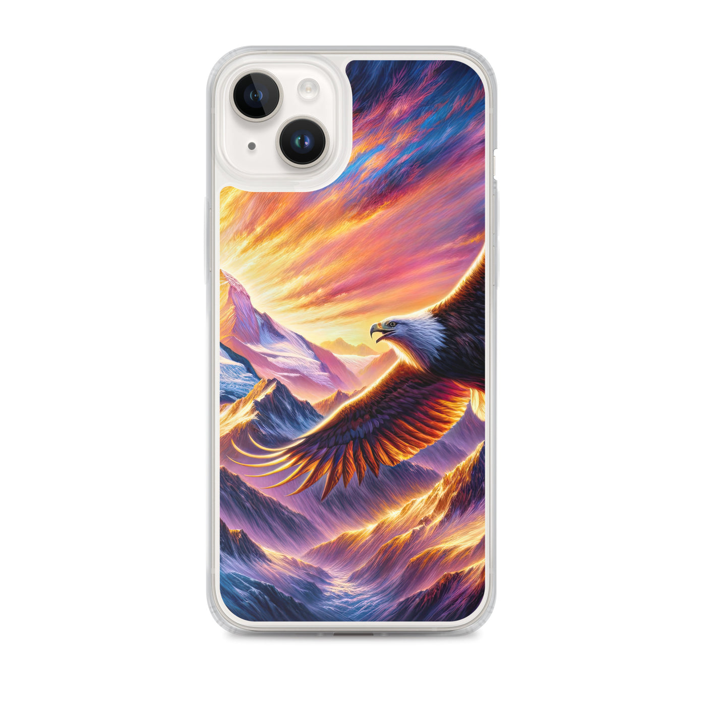 Ölgemälde eines Adlers im Sonnenaufgang der Alpen, gold-rosa beleuchtete Gipfel - iPhone Schutzhülle (durchsichtig) berge xxx yyy zzz iPhone 14 Plus