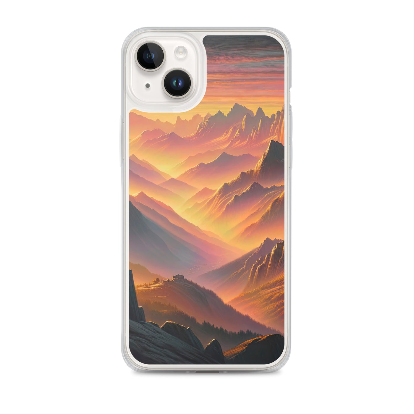 Ölgemälde der Alpen in der goldenen Stunde mit Wanderer, Orange-Rosa Bergpanorama - iPhone Schutzhülle (durchsichtig) wandern xxx yyy zzz iPhone 14 Plus