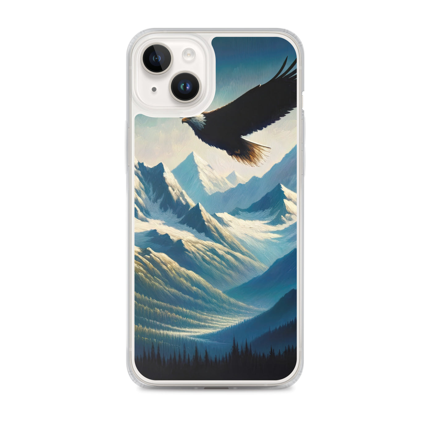 Ölgemälde eines Adlers vor schneebedeckten Bergsilhouetten - iPhone Schutzhülle (durchsichtig) berge xxx yyy zzz iPhone 14 Plus