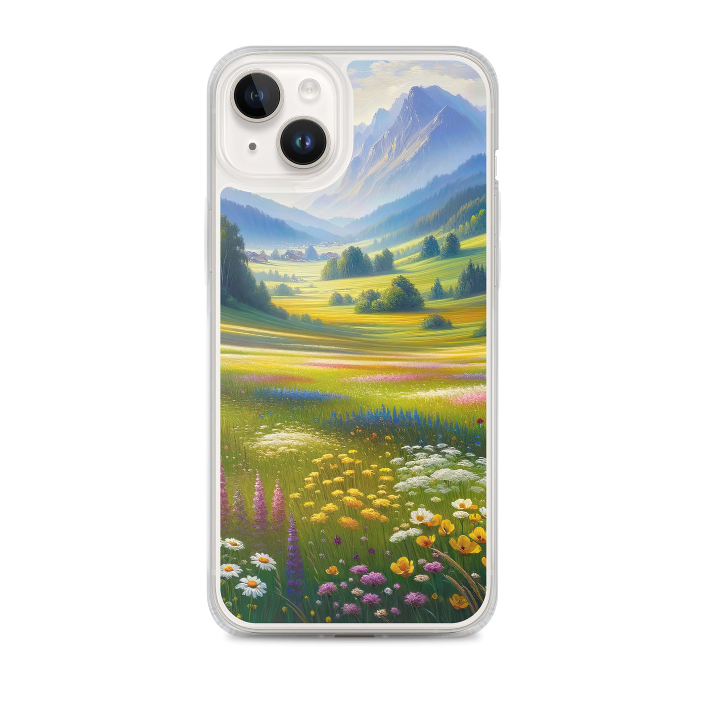 Ölgemälde einer Almwiese, Meer aus Wildblumen in Gelb- und Lilatönen - iPhone Schutzhülle (durchsichtig) berge xxx yyy zzz iPhone 14 Plus