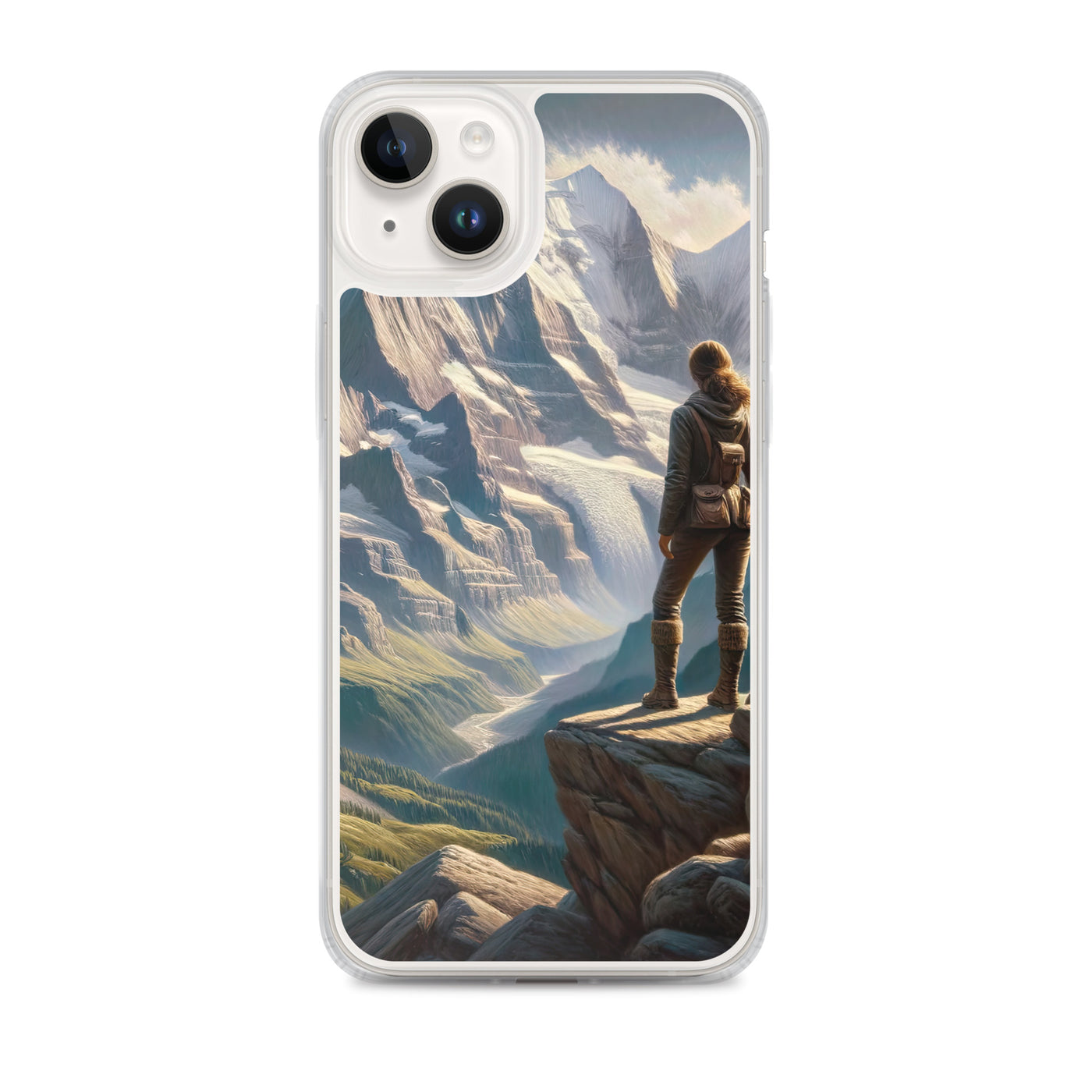 Ölgemälde der Alpengipfel mit Schweizer Abenteurerin auf Felsvorsprung - iPhone Schutzhülle (durchsichtig) wandern xxx yyy zzz iPhone 14 Plus
