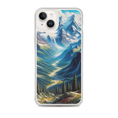 Panorama-Ölgemälde der Alpen mit schneebedeckten Gipfeln und schlängelnden Flusstälern - iPhone Schutzhülle (durchsichtig) berge xxx yyy zzz iPhone 14 Plus