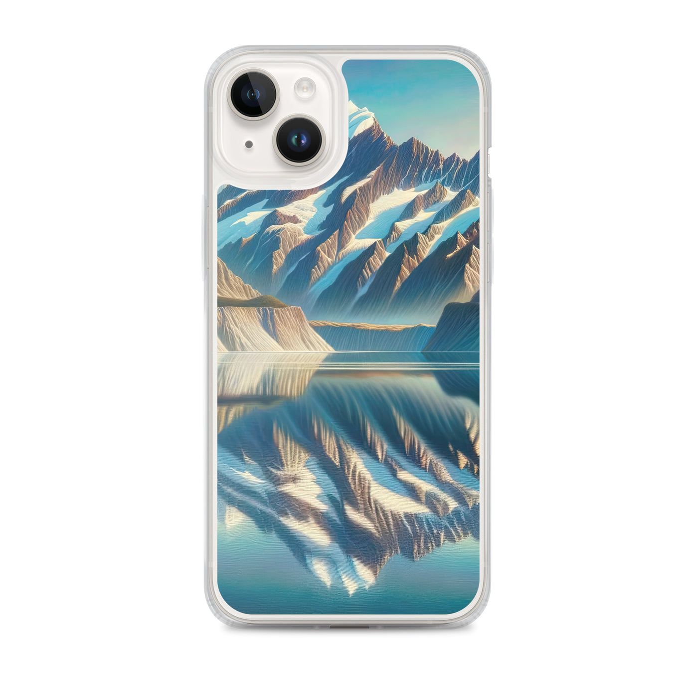Ölgemälde eines unberührten Sees, der die Bergkette spiegelt - iPhone Schutzhülle (durchsichtig) berge xxx yyy zzz iPhone 14 Plus