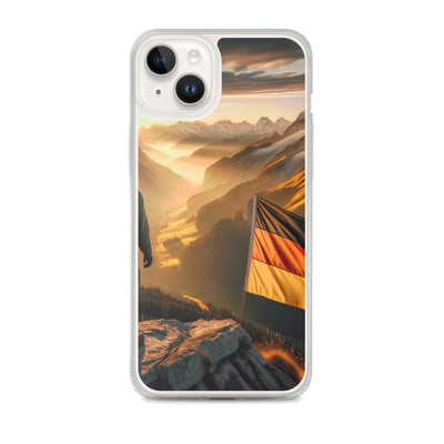 Foto der Alpen bei Sonnenuntergang mit deutscher Flagge und Wanderer, goldenes Licht auf Schneegipfeln - iPhone Schutzhülle (durchsichtig) berge xxx yyy zzz iPhone 14 Plus