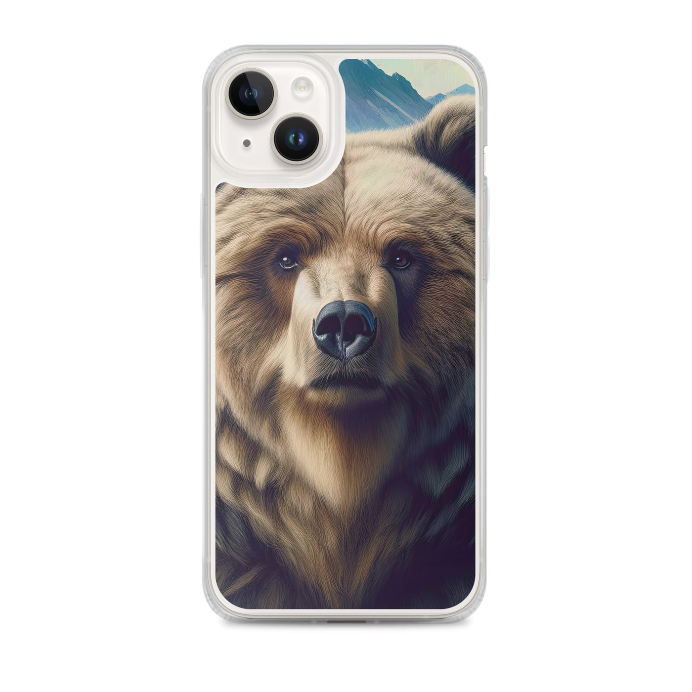Foto eines Bären vor abstrakt gemalten Alpenbergen, Oberkörper im Fokus - iPhone Schutzhülle (durchsichtig) camping xxx yyy zzz iPhone 14 Plus