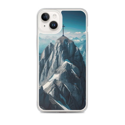 Foto der Alpen mit Gipfelkreuz an einem klaren Tag, schneebedeckte Spitzen vor blauem Himmel - iPhone Schutzhülle (durchsichtig) berge xxx yyy zzz iPhone 14 Plus