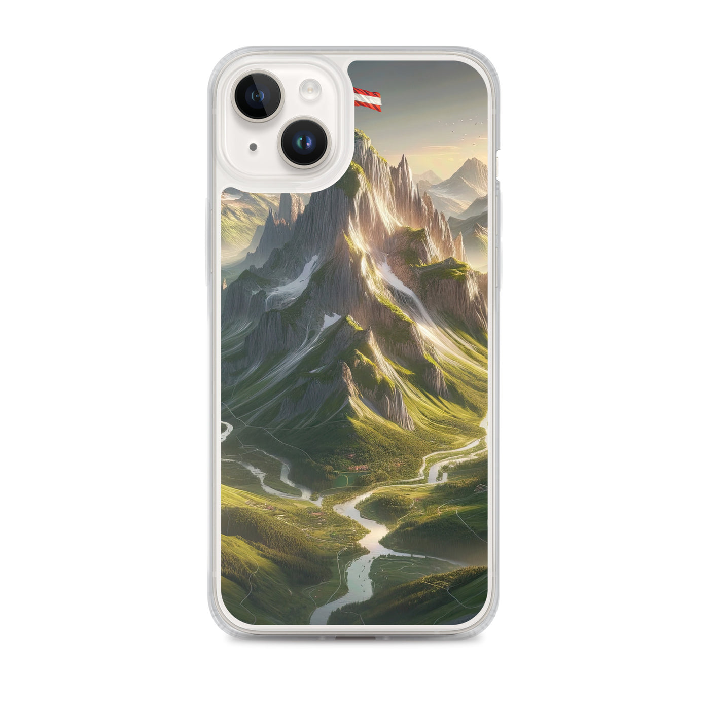 Fotorealistisches Bild der Alpen mit österreichischer Flagge, scharfen Gipfeln und grünen Tälern - iPhone Schutzhülle (durchsichtig) berge xxx yyy zzz iPhone 14 Plus