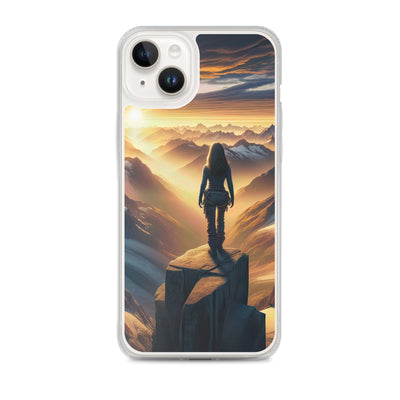 Fotorealistische Darstellung der Alpen bei Sonnenaufgang, Wanderin unter einem gold-purpurnen Himmel - iPhone Schutzhülle (durchsichtig) wandern xxx yyy zzz iPhone 14 Plus