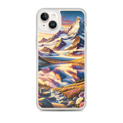 Quadratische Illustration der Alpen mit schneebedeckten Gipfeln und Wildblumen - iPhone Schutzhülle (durchsichtig) berge xxx yyy zzz iPhone 14 Plus