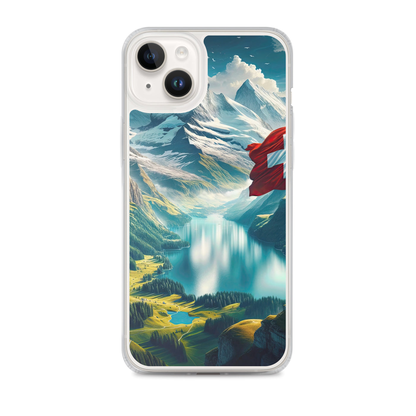 Ultraepische, fotorealistische Darstellung der Schweizer Alpenlandschaft mit Schweizer Flagge - iPhone Schutzhülle (durchsichtig) berge xxx yyy zzz iPhone 14 Plus
