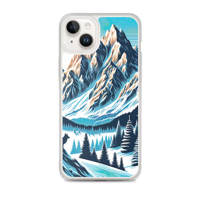 Vektorgrafik eines Wolfes im winterlichen Alpenmorgen, Berge mit Schnee- und Felsmustern - iPhone Schutzhülle (durchsichtig) berge xxx yyy zzz iPhone 14 Plus