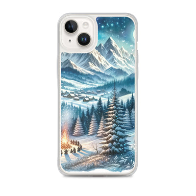 Aquarell eines Winterabends in den Alpen mit Lagerfeuer und Wanderern, glitzernder Neuschnee - iPhone Schutzhülle (durchsichtig) camping xxx yyy zzz iPhone 14 Plus