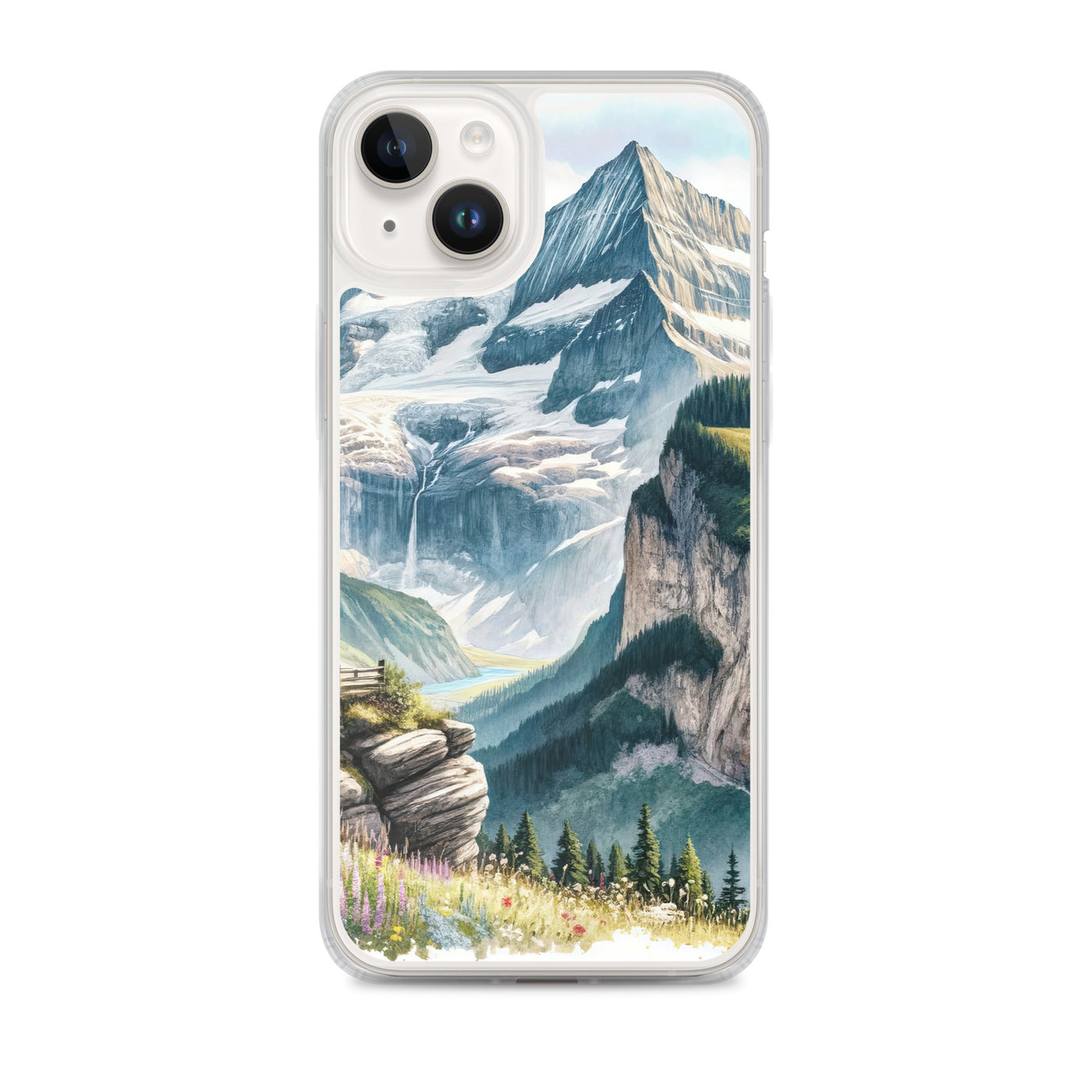 Aquarell-Panoramablick der Alpen mit schneebedeckten Gipfeln, Wasserfällen und Wanderern - iPhone Schutzhülle (durchsichtig) wandern xxx yyy zzz iPhone 14 Plus