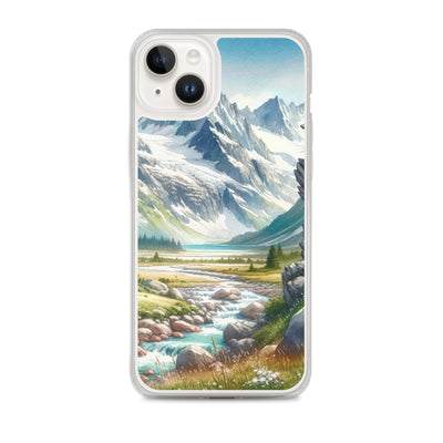 Aquarellmalerei eines Bären und der sommerlichen Alpenschönheit mit schneebedeckten Ketten - iPhone Schutzhülle (durchsichtig) camping xxx yyy zzz iPhone 14 Plus