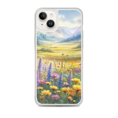 Aquarell einer Almwiese in Ruhe, Wildblumenteppich in Gelb, Lila, Rosa - iPhone Schutzhülle (durchsichtig) berge xxx yyy zzz iPhone 14 Plus