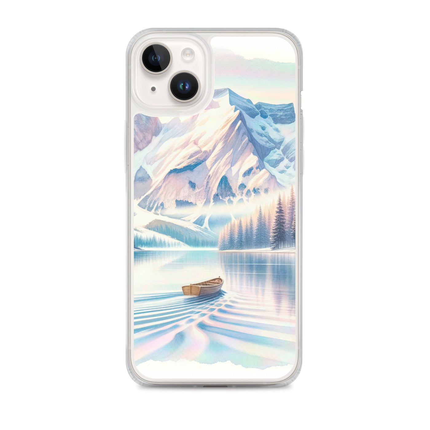 Aquarell eines klaren Alpenmorgens, Boot auf Bergsee in Pastelltönen - iPhone Schutzhülle (durchsichtig) berge xxx yyy zzz iPhone 14 Plus