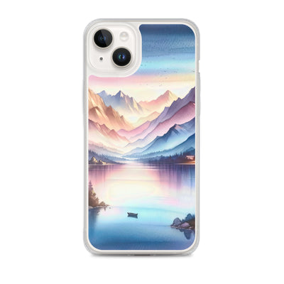 Aquarell einer Dämmerung in den Alpen, Boot auf einem See in Pastell-Licht - iPhone Schutzhülle (durchsichtig) berge xxx yyy zzz iPhone 14 Plus