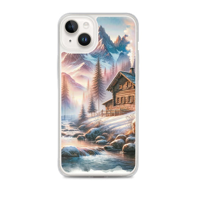 Aquarell einer Alpenszene im Morgengrauen, Haus in den Bergen - iPhone Schutzhülle (durchsichtig) berge xxx yyy zzz iPhone 14 Plus