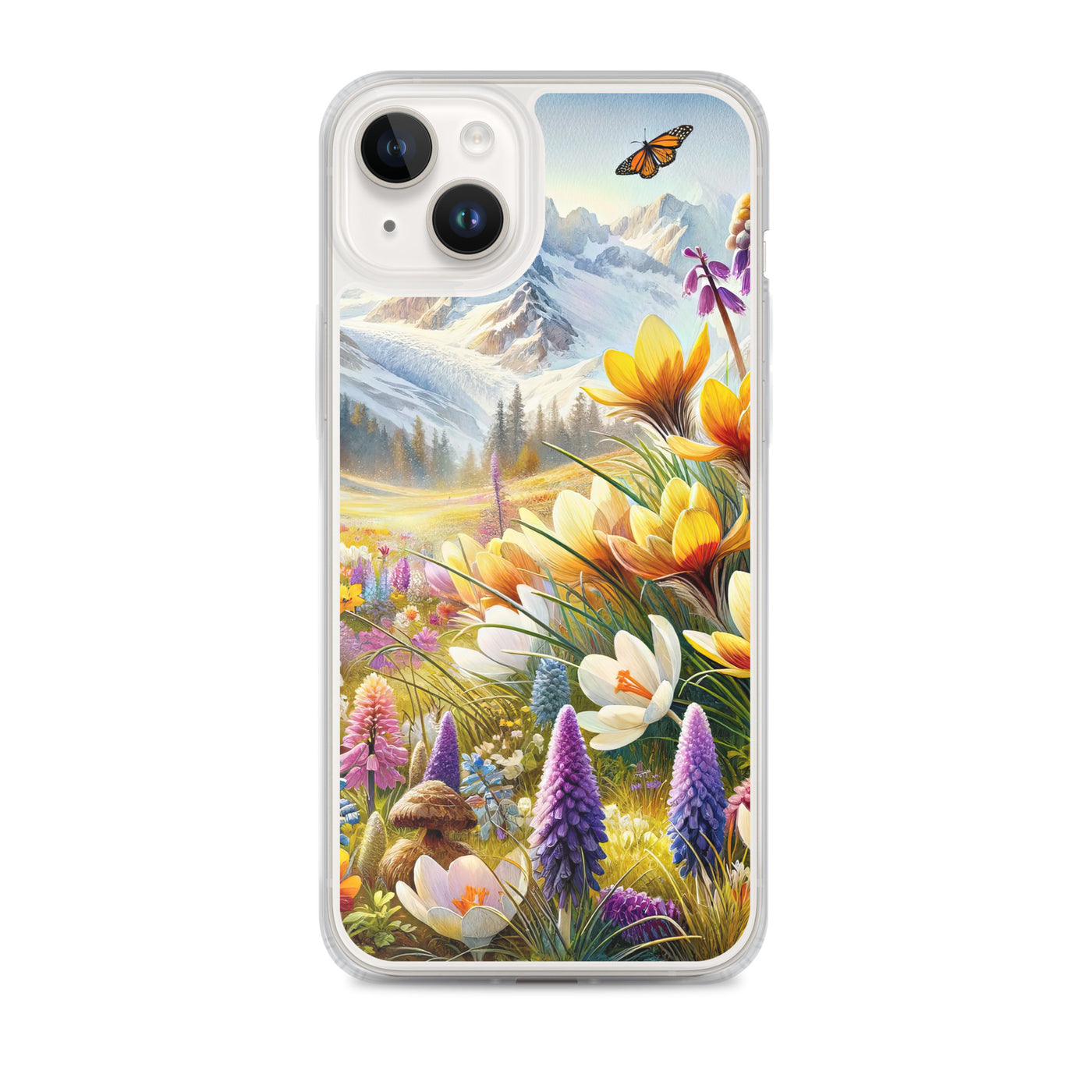 Aquarell einer ruhigen Almwiese, farbenfrohe Bergblumen in den Alpen - iPhone Schutzhülle (durchsichtig) berge xxx yyy zzz iPhone 14 Plus