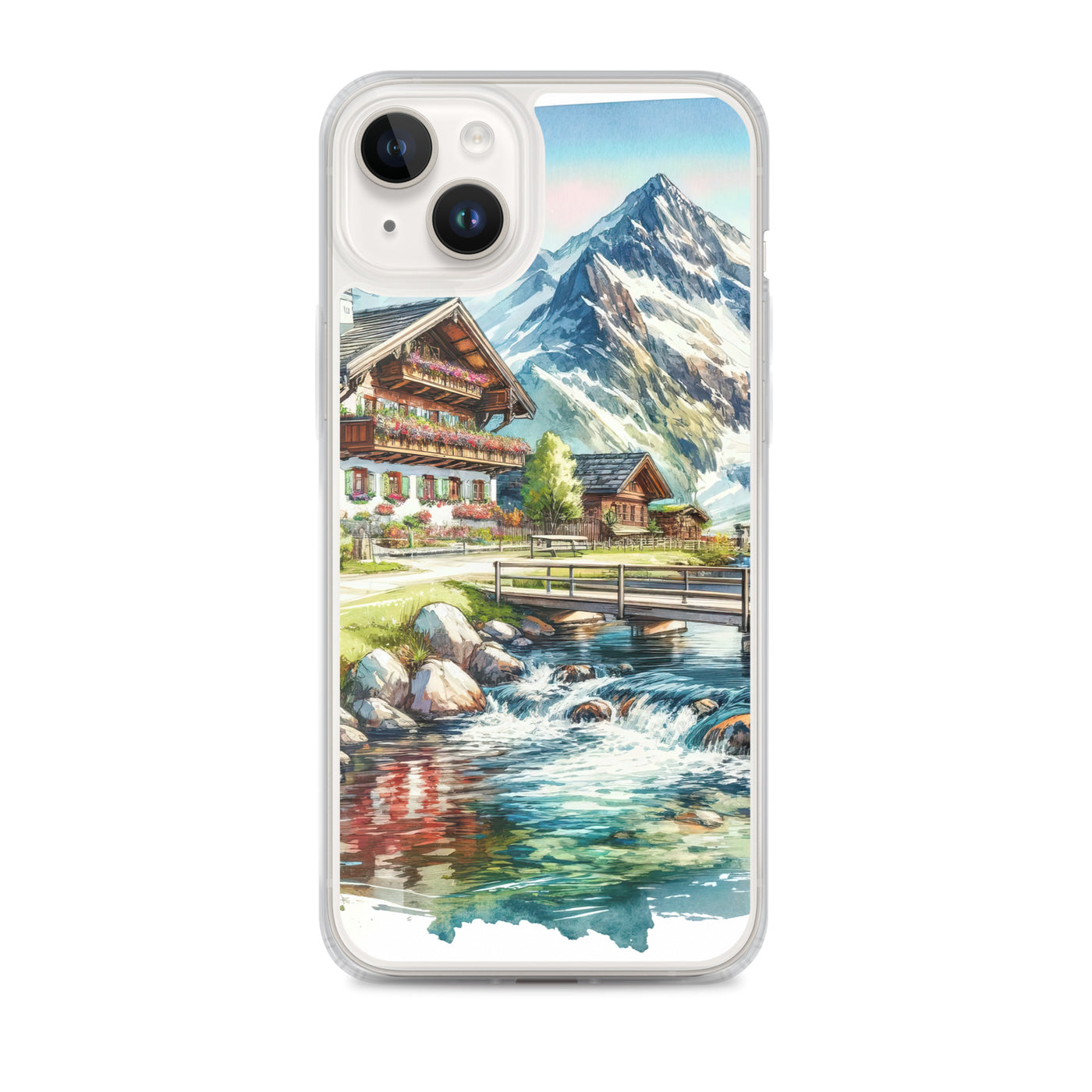 Aquarell der frühlingshaften Alpenkette mit österreichischer Flagge und schmelzendem Schnee - iPhone Schutzhülle (durchsichtig) berge xxx yyy zzz iPhone 14 Plus