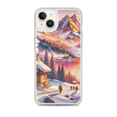 Aquarell eines Alpenpanoramas mit Wanderern bei Sonnenuntergang in Rosa und Gold - iPhone Schutzhülle (durchsichtig) wandern xxx yyy zzz iPhone 14 Plus