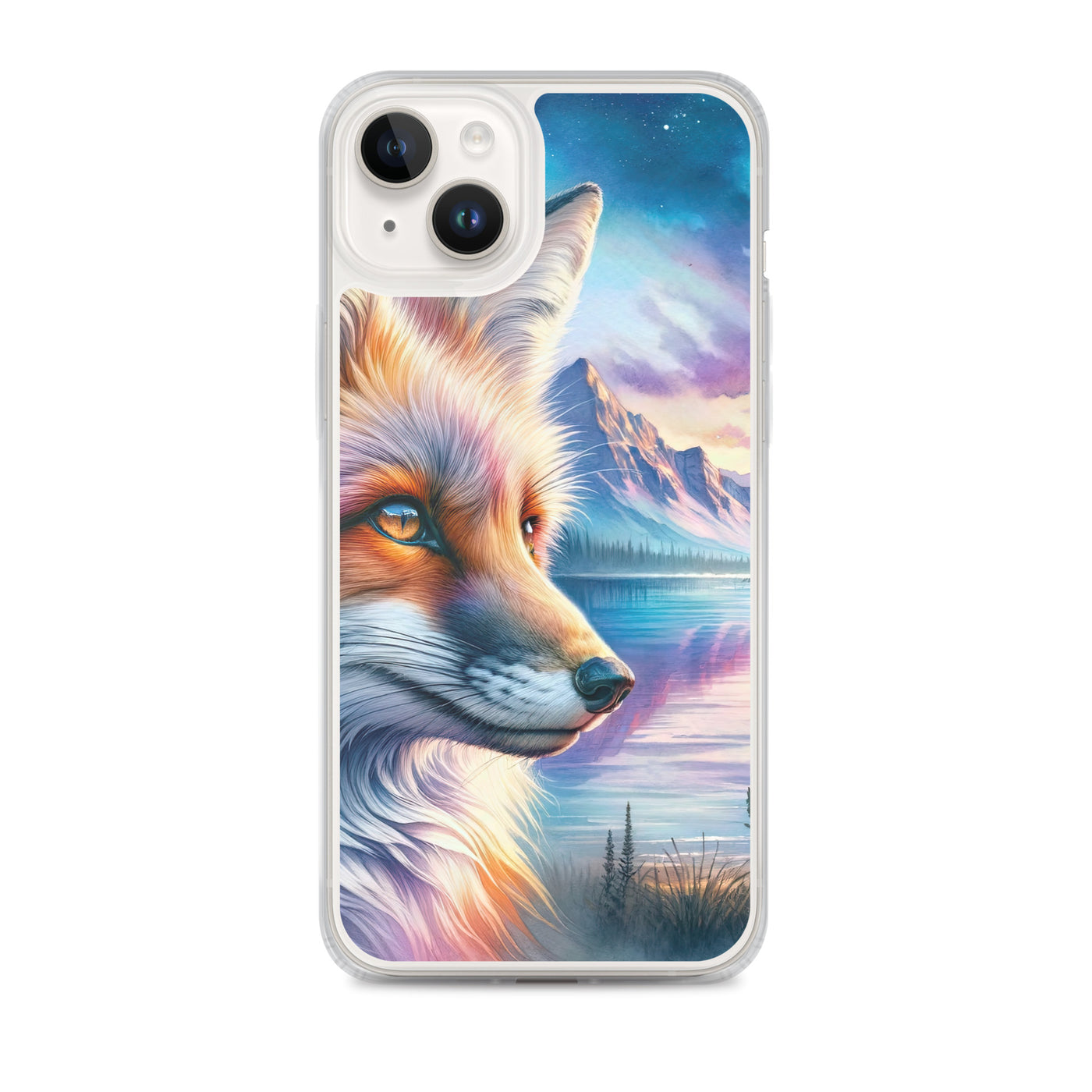 Aquarellporträt eines Fuchses im Dämmerlicht am Bergsee - iPhone Schutzhülle (durchsichtig) camping xxx yyy zzz iPhone 14 Plus